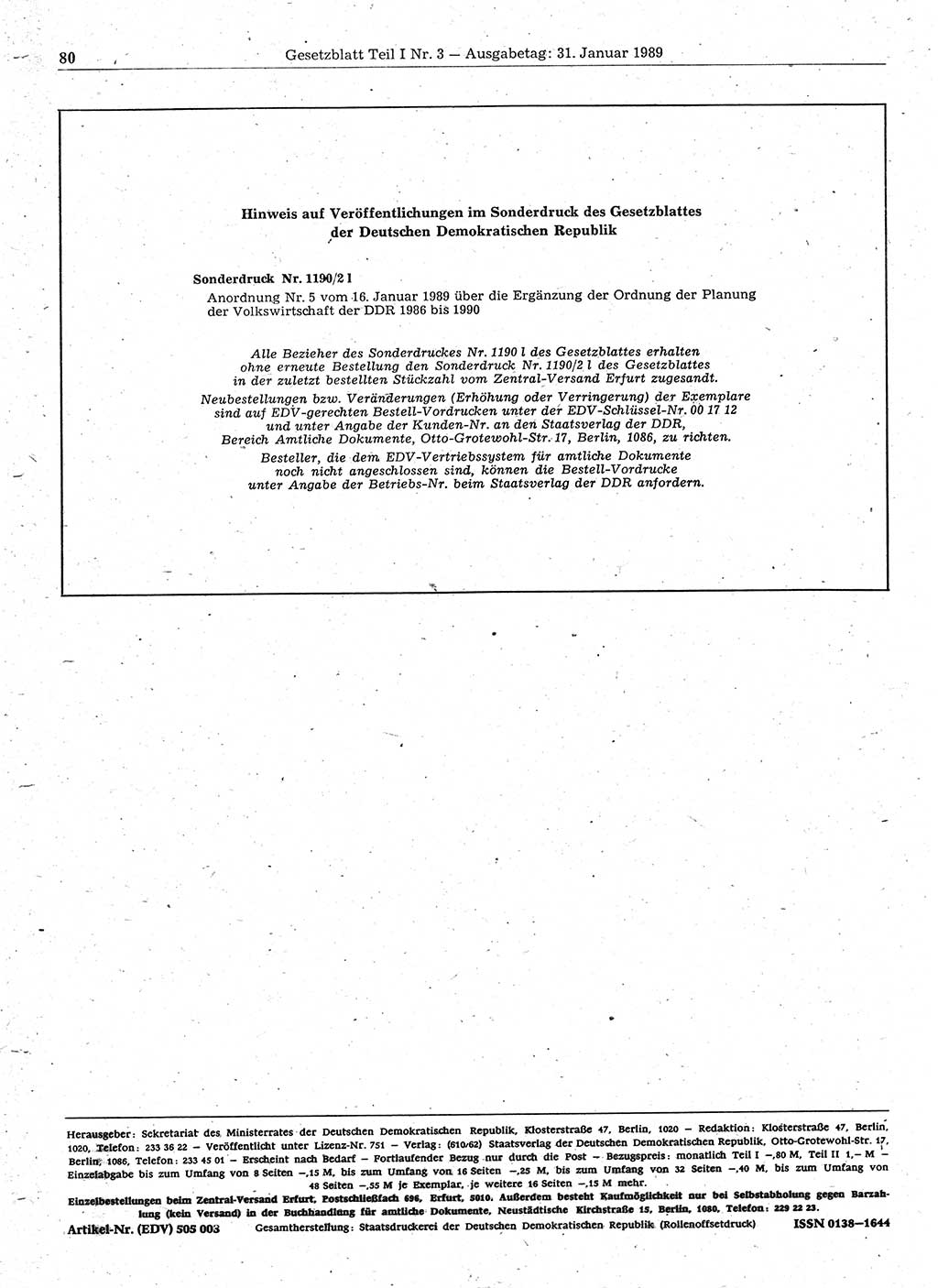 Gesetzblatt (GBl.) der Deutschen Demokratischen Republik (DDR) Teil Ⅰ 1989, Seite 80 (GBl. DDR Ⅰ 1989, S. 80)