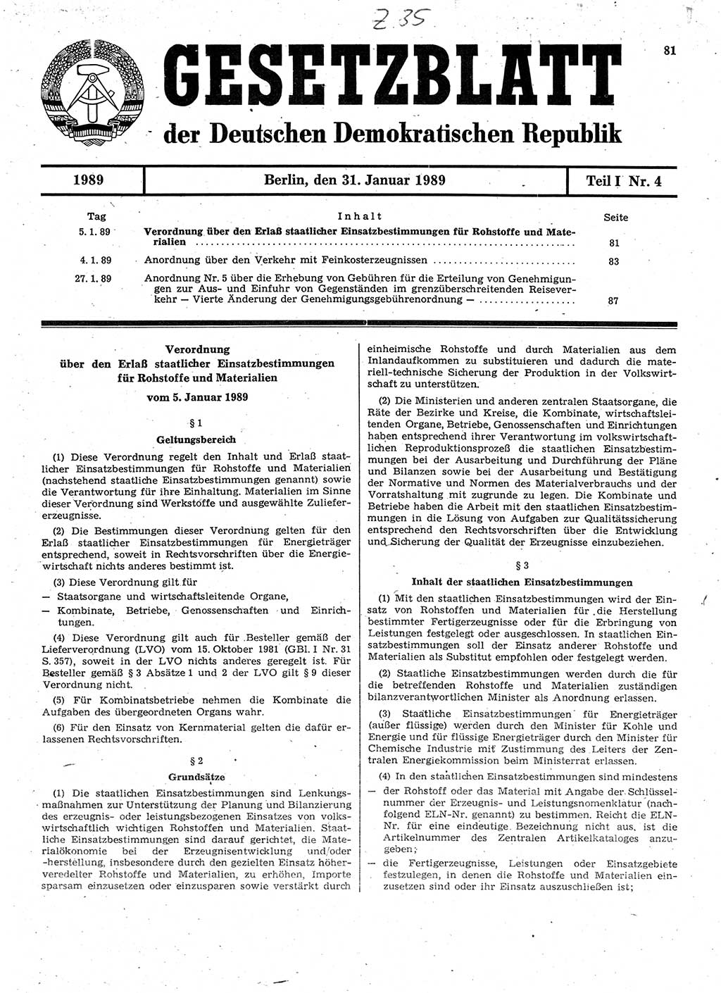 Gesetzblatt (GBl.) der Deutschen Demokratischen Republik (DDR) Teil Ⅰ 1989, Seite 81 (GBl. DDR Ⅰ 1989, S. 81)