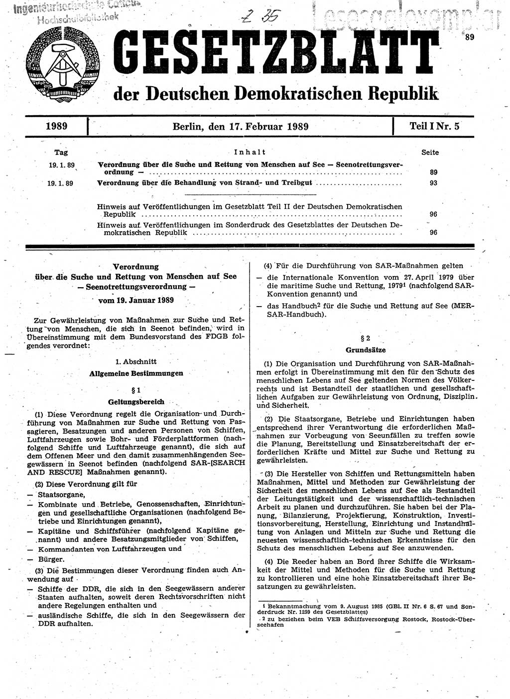 Gesetzblatt (GBl.) der Deutschen Demokratischen Republik (DDR) Teil Ⅰ 1989, Seite 89 (GBl. DDR Ⅰ 1989, S. 89)