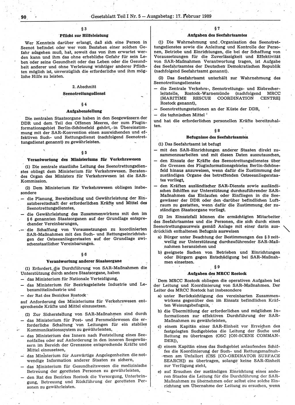 Gesetzblatt (GBl.) der Deutschen Demokratischen Republik (DDR) Teil Ⅰ 1989, Seite 90 (GBl. DDR Ⅰ 1989, S. 90)