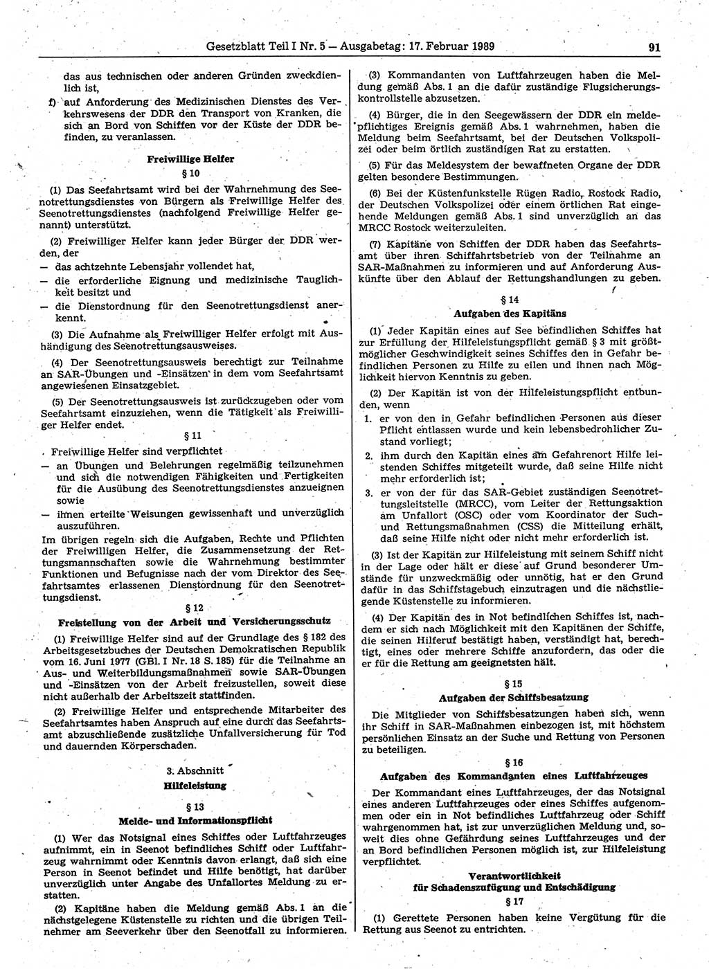 Gesetzblatt (GBl.) der Deutschen Demokratischen Republik (DDR) Teil Ⅰ 1989, Seite 91 (GBl. DDR Ⅰ 1989, S. 91)