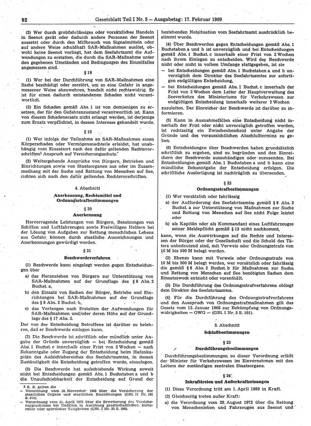 Gesetzblatt (GBl.) der Deutschen Demokratischen Republik (DDR) Teil Ⅰ 1989, Seite 92 (GBl. DDR Ⅰ 1989, S. 92)