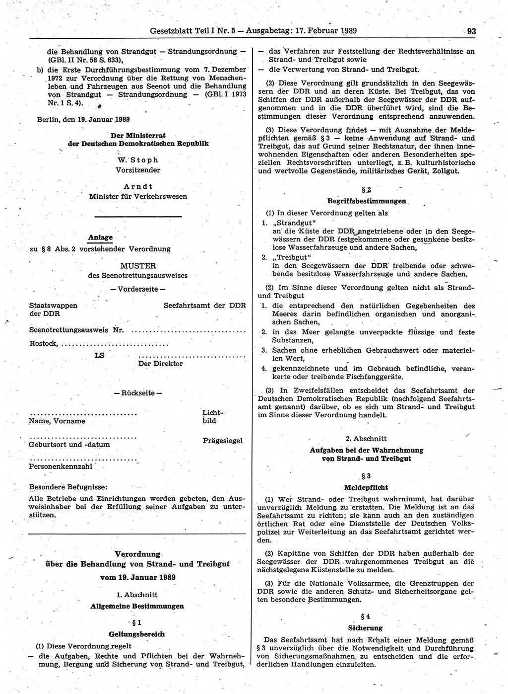 Gesetzblatt (GBl.) der Deutschen Demokratischen Republik (DDR) Teil Ⅰ 1989, Seite 93 (GBl. DDR Ⅰ 1989, S. 93)