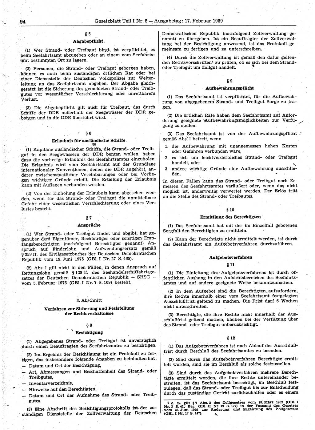 Gesetzblatt (GBl.) der Deutschen Demokratischen Republik (DDR) Teil Ⅰ 1989, Seite 94 (GBl. DDR Ⅰ 1989, S. 94)