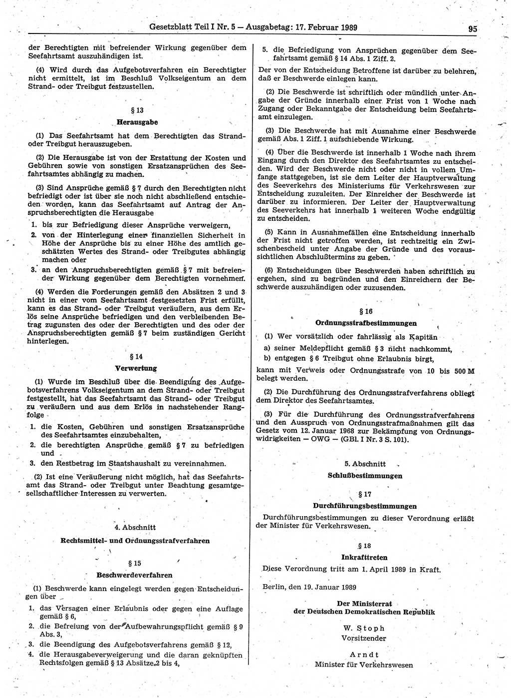 Gesetzblatt (GBl.) der Deutschen Demokratischen Republik (DDR) Teil Ⅰ 1989, Seite 95 (GBl. DDR Ⅰ 1989, S. 95)
