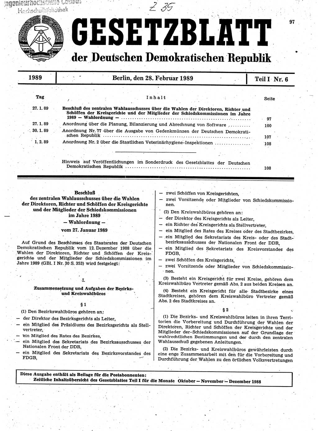 Gesetzblatt (GBl.) der Deutschen Demokratischen Republik (DDR) Teil Ⅰ 1989, Seite 97 (GBl. DDR Ⅰ 1989, S. 97)