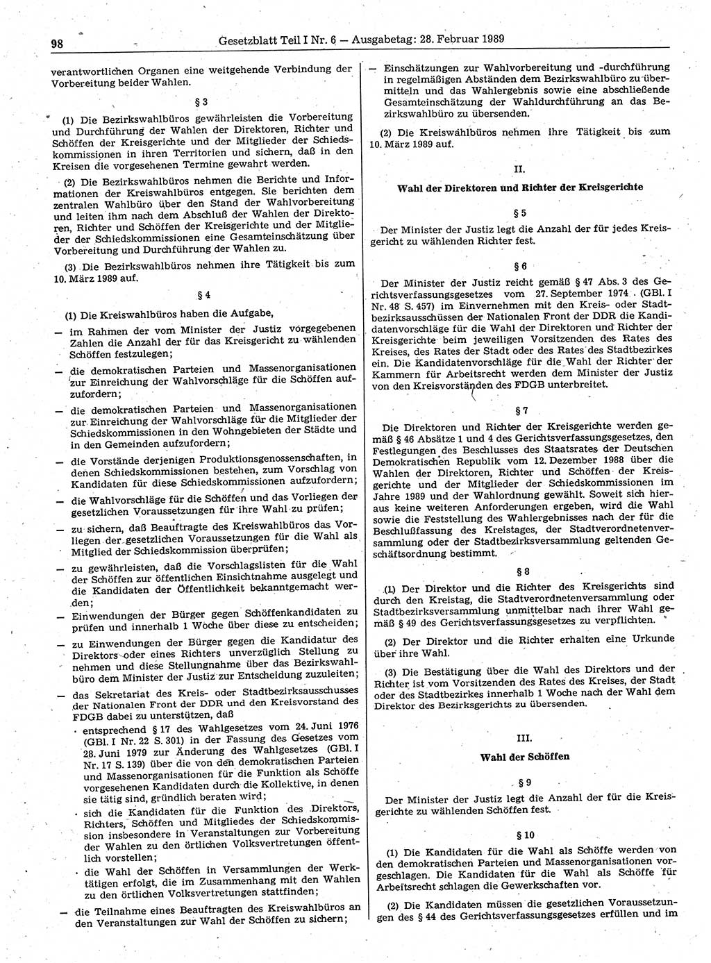 Gesetzblatt (GBl.) der Deutschen Demokratischen Republik (DDR) Teil Ⅰ 1989, Seite 98 (GBl. DDR Ⅰ 1989, S. 98)