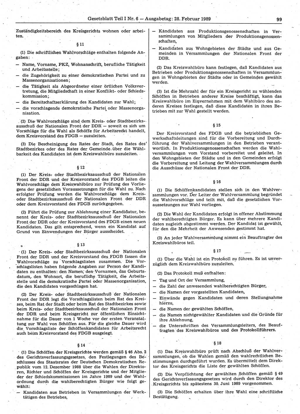 Gesetzblatt (GBl.) der Deutschen Demokratischen Republik (DDR) Teil Ⅰ 1989, Seite 99 (GBl. DDR Ⅰ 1989, S. 99)