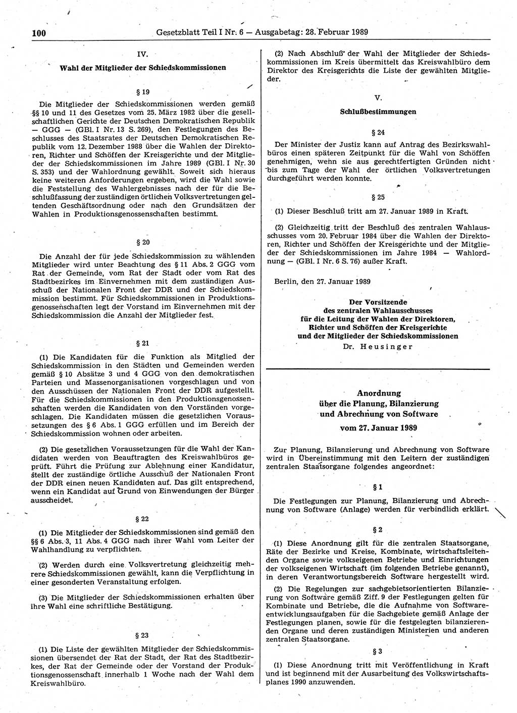 Gesetzblatt (GBl.) der Deutschen Demokratischen Republik (DDR) Teil Ⅰ 1989, Seite 100 (GBl. DDR Ⅰ 1989, S. 100)