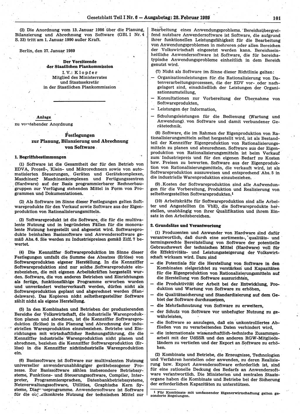 Gesetzblatt (GBl.) der Deutschen Demokratischen Republik (DDR) Teil Ⅰ 1989, Seite 101 (GBl. DDR Ⅰ 1989, S. 101)