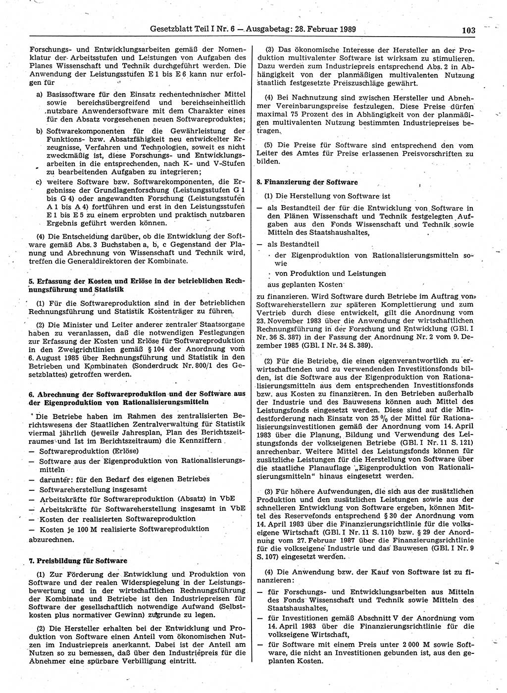 Gesetzblatt (GBl.) der Deutschen Demokratischen Republik (DDR) Teil Ⅰ 1989, Seite 103 (GBl. DDR Ⅰ 1989, S. 103)