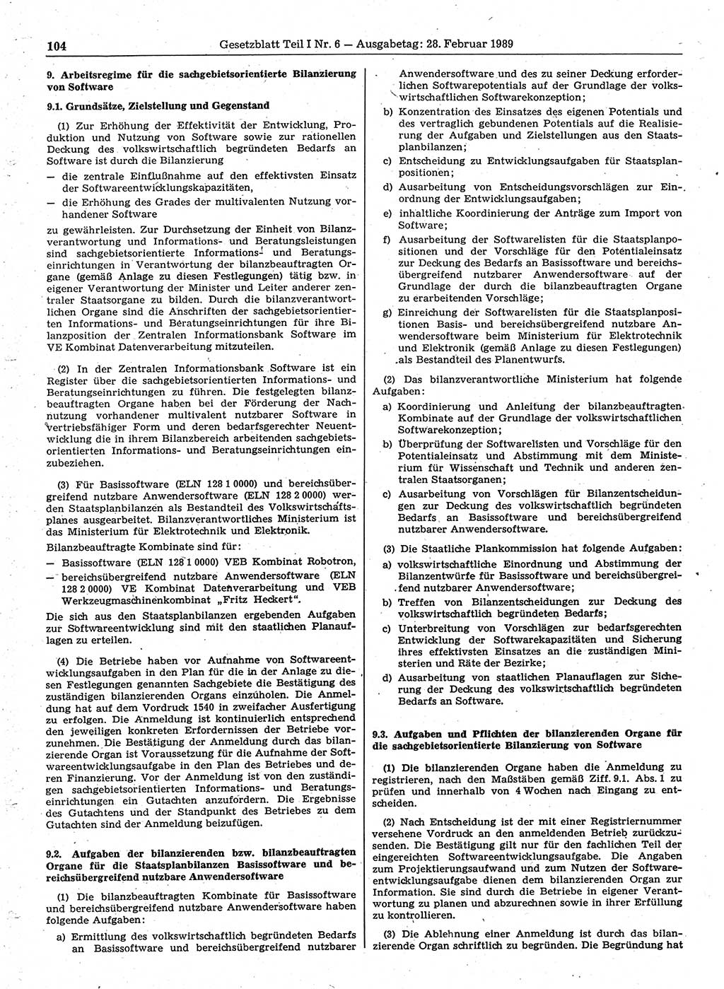 Gesetzblatt (GBl.) der Deutschen Demokratischen Republik (DDR) Teil Ⅰ 1989, Seite 104 (GBl. DDR Ⅰ 1989, S. 104)