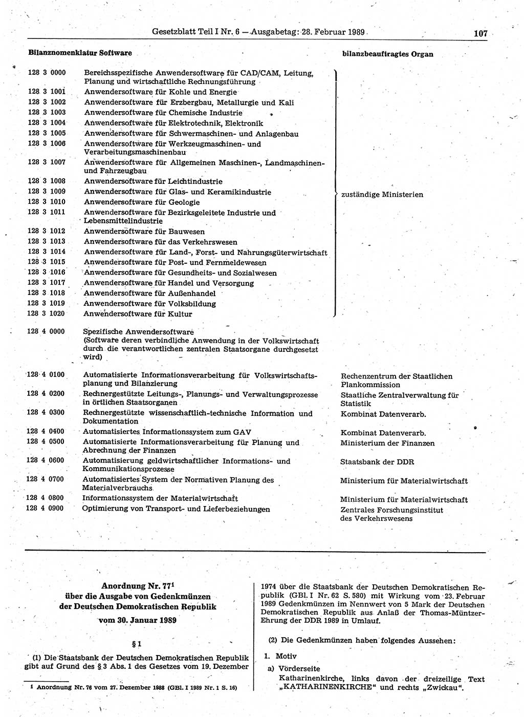 Gesetzblatt (GBl.) der Deutschen Demokratischen Republik (DDR) Teil Ⅰ 1989, Seite 107 (GBl. DDR Ⅰ 1989, S. 107)