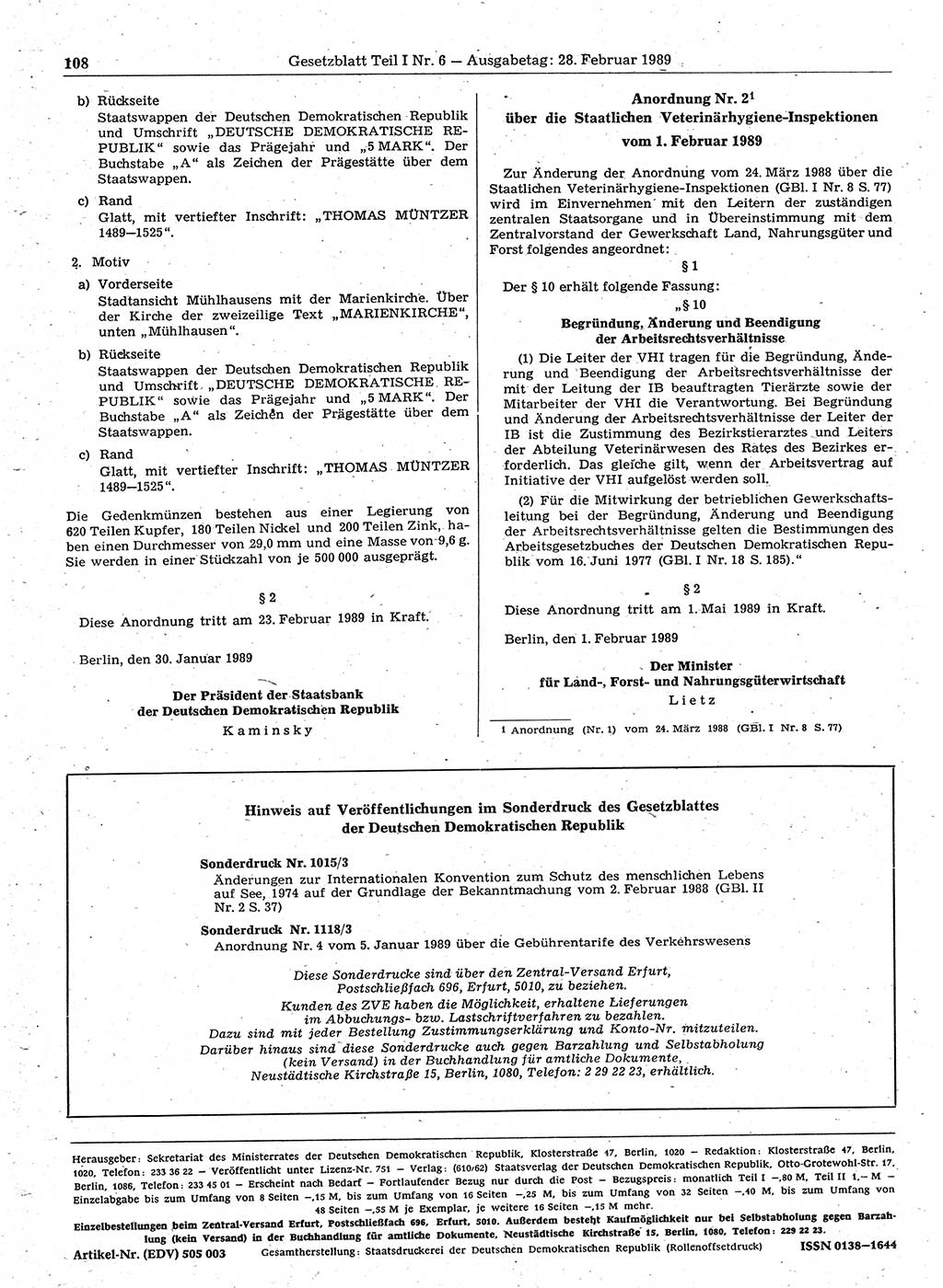 Gesetzblatt (GBl.) der Deutschen Demokratischen Republik (DDR) Teil Ⅰ 1989, Seite 108 (GBl. DDR Ⅰ 1989, S. 108)
