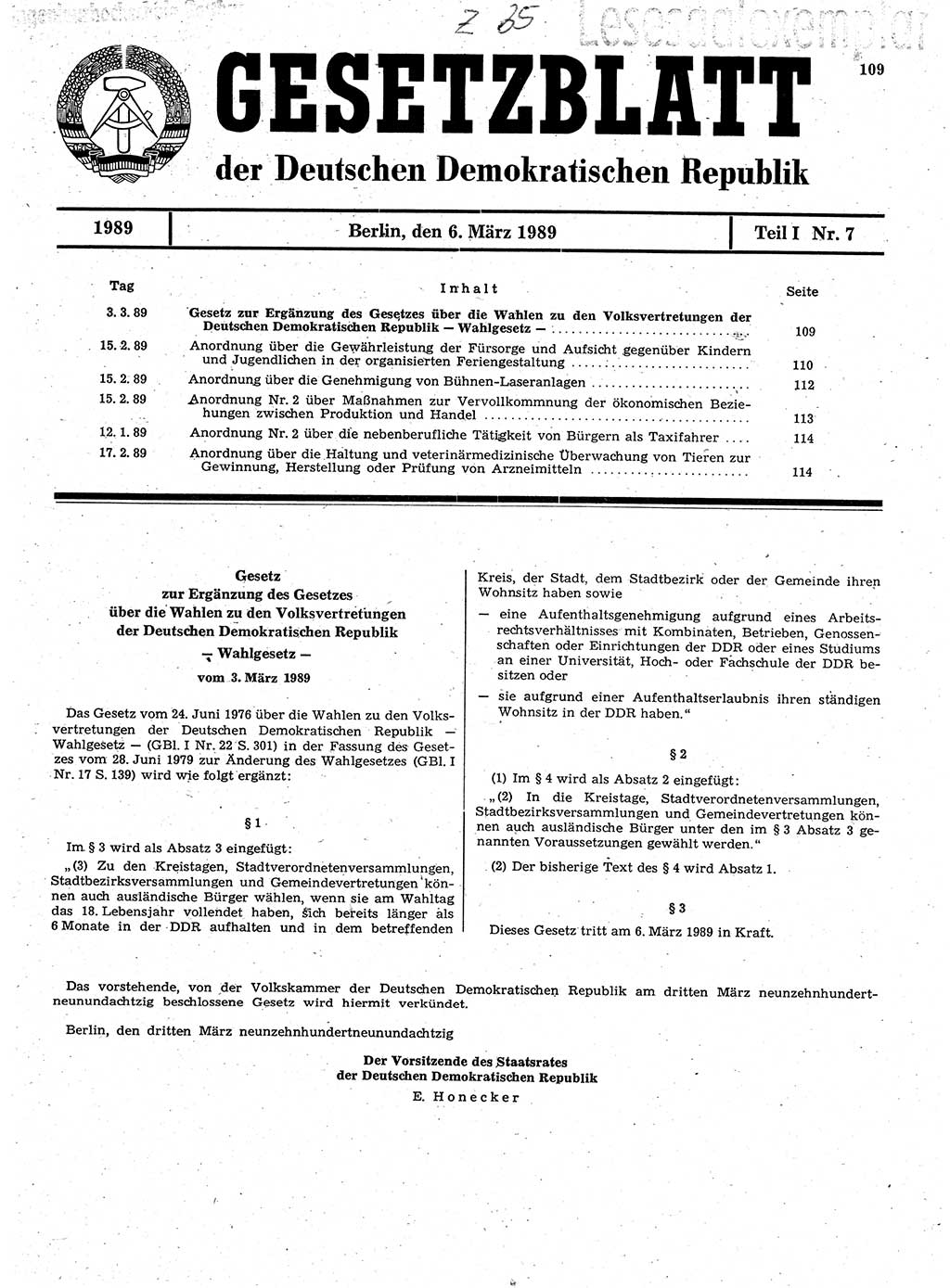 Gesetzblatt (GBl.) der Deutschen Demokratischen Republik (DDR) Teil Ⅰ 1989, Seite 109 (GBl. DDR Ⅰ 1989, S. 109)