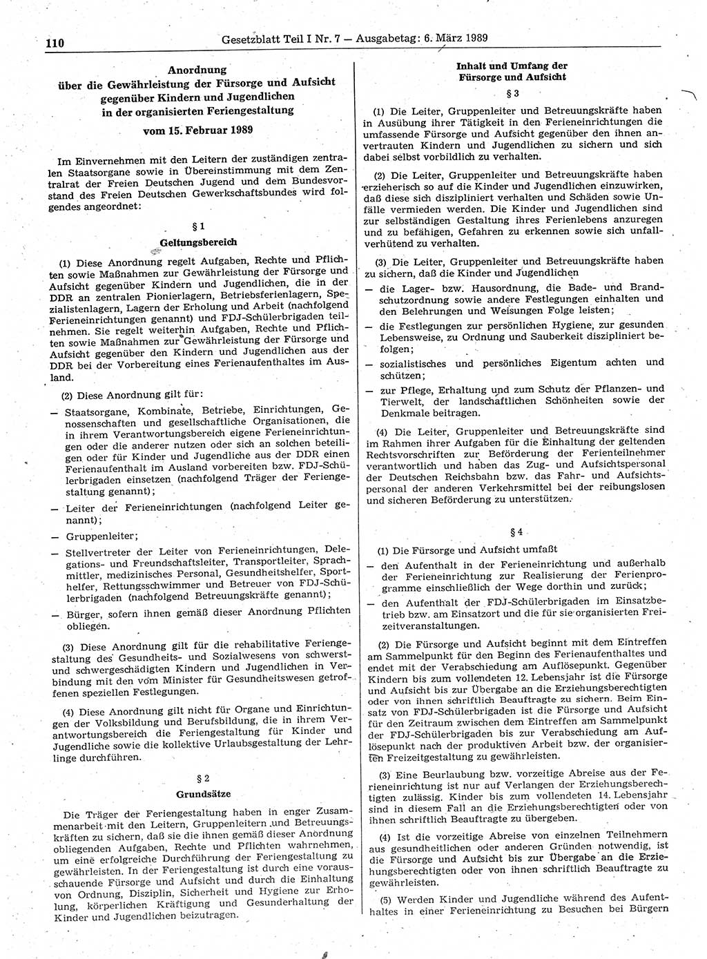 Gesetzblatt (GBl.) der Deutschen Demokratischen Republik (DDR) Teil Ⅰ 1989, Seite 110 (GBl. DDR Ⅰ 1989, S. 110)