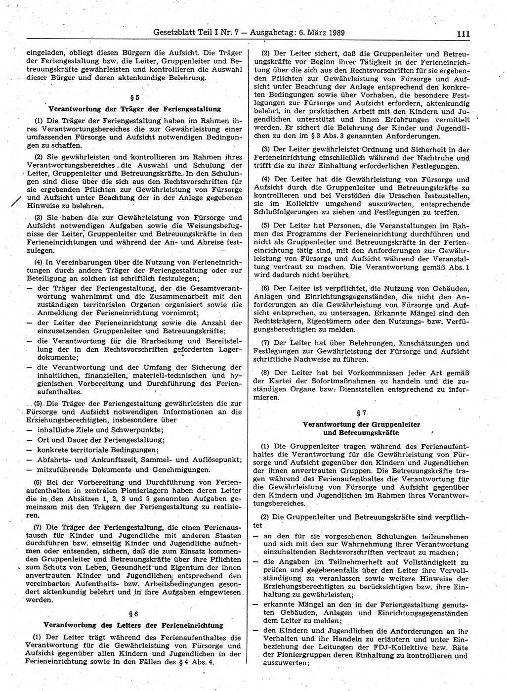 Gesetzblatt (GBl.) der Deutschen Demokratischen Republik (DDR) Teil Ⅰ 1989, Seite 111 (GBl. DDR Ⅰ 1989, S. 111)