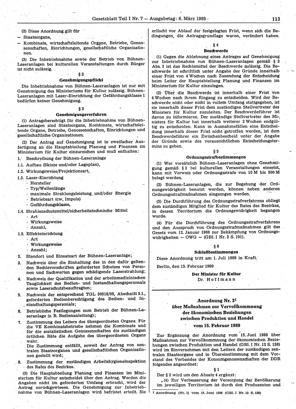 Gesetzblatt (GBl.) der Deutschen Demokratischen Republik (DDR) Teil Ⅰ 1989, Seite 113 (GBl. DDR Ⅰ 1989, S. 113)