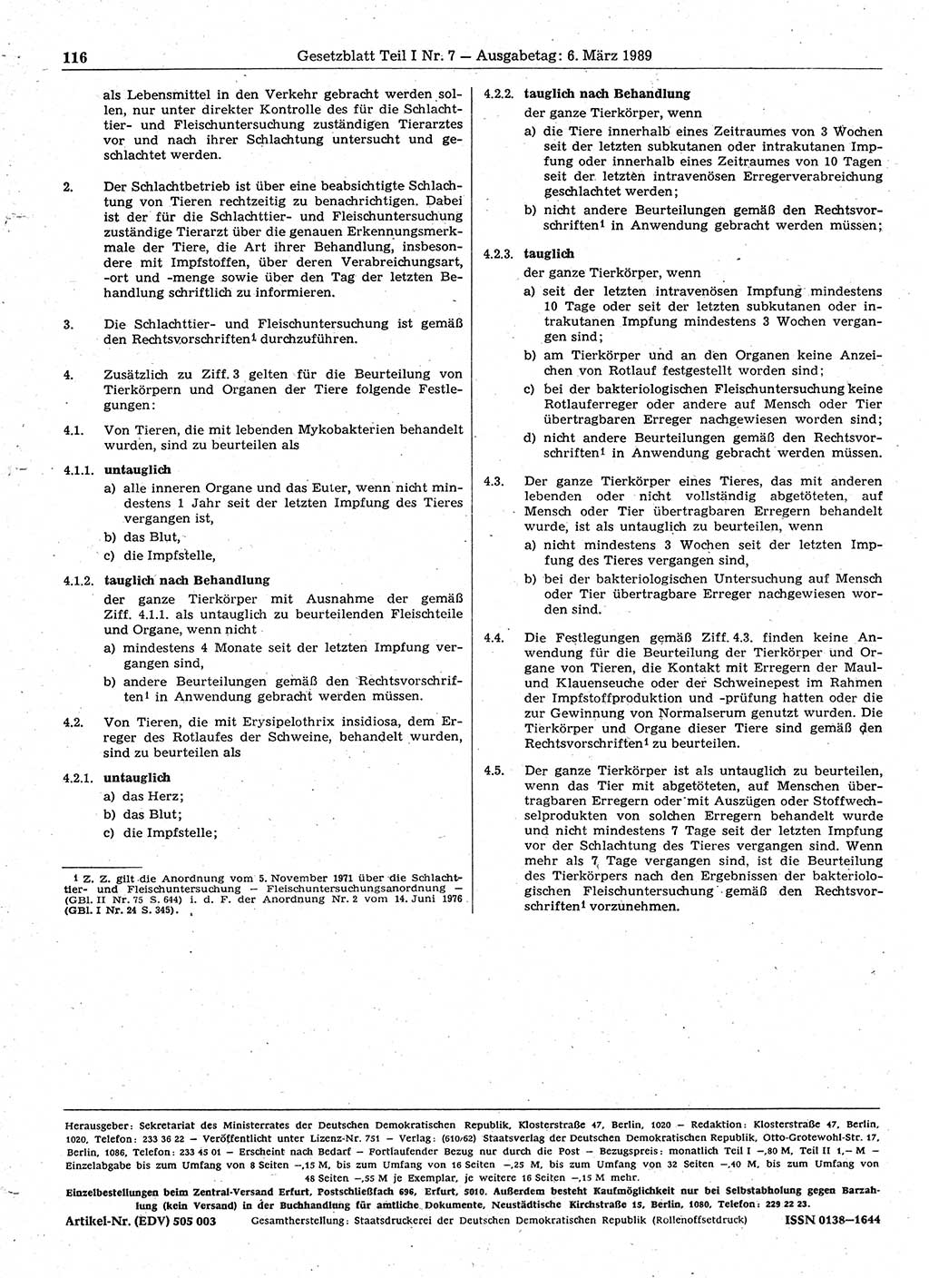 Gesetzblatt (GBl.) der Deutschen Demokratischen Republik (DDR) Teil Ⅰ 1989, Seite 116 (GBl. DDR Ⅰ 1989, S. 116)