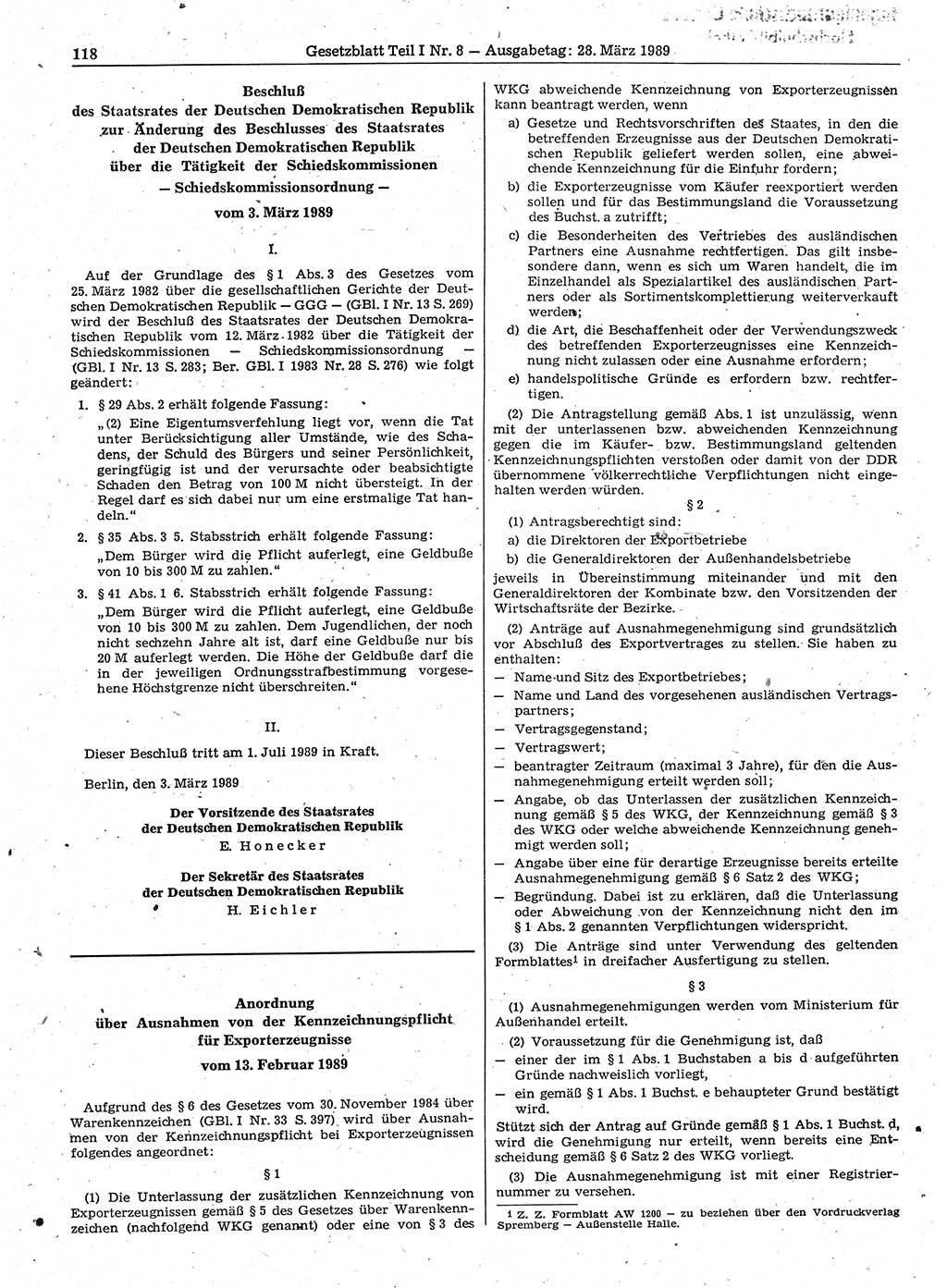 Gesetzblatt (GBl.) der Deutschen Demokratischen Republik (DDR) Teil Ⅰ 1989, Seite 118 (GBl. DDR Ⅰ 1989, S. 118)