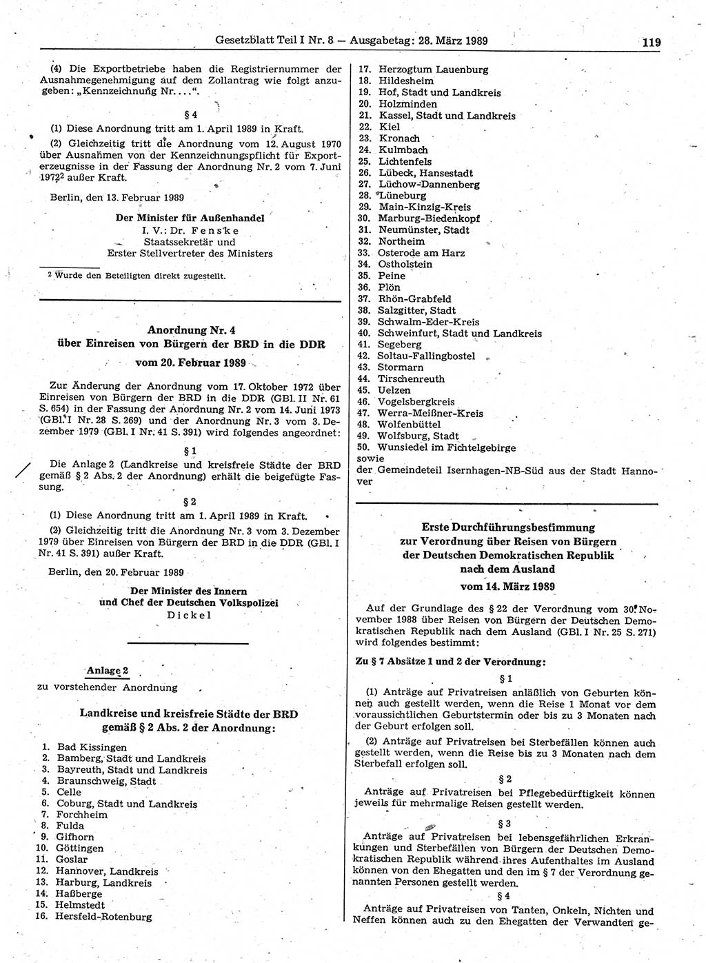 Gesetzblatt (GBl.) der Deutschen Demokratischen Republik (DDR) Teil Ⅰ 1989, Seite 119 (GBl. DDR Ⅰ 1989, S. 119)