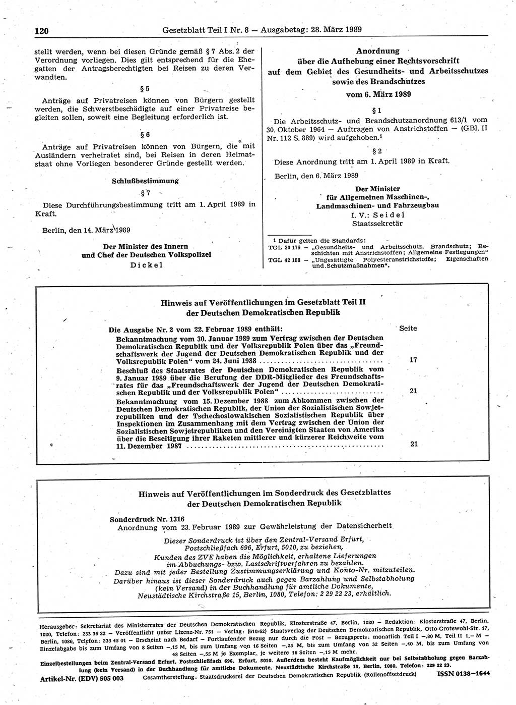 Gesetzblatt (GBl.) der Deutschen Demokratischen Republik (DDR) Teil Ⅰ 1989, Seite 120 (GBl. DDR Ⅰ 1989, S. 120)