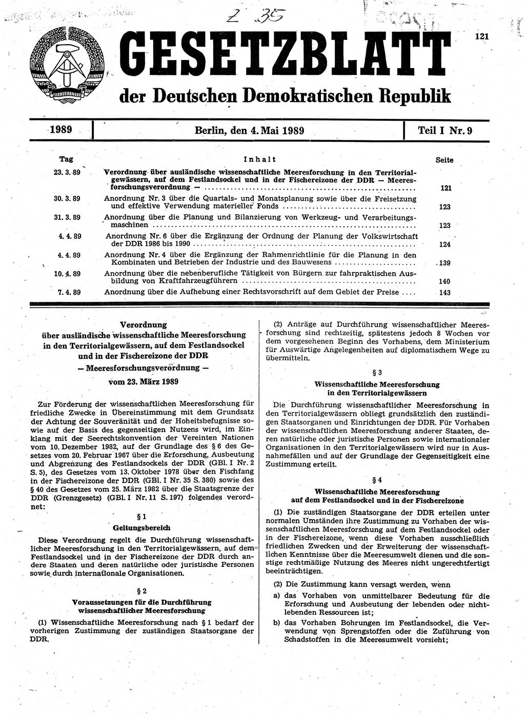 Gesetzblatt (GBl.) der Deutschen Demokratischen Republik (DDR) Teil Ⅰ 1989, Seite 121 (GBl. DDR Ⅰ 1989, S. 121)