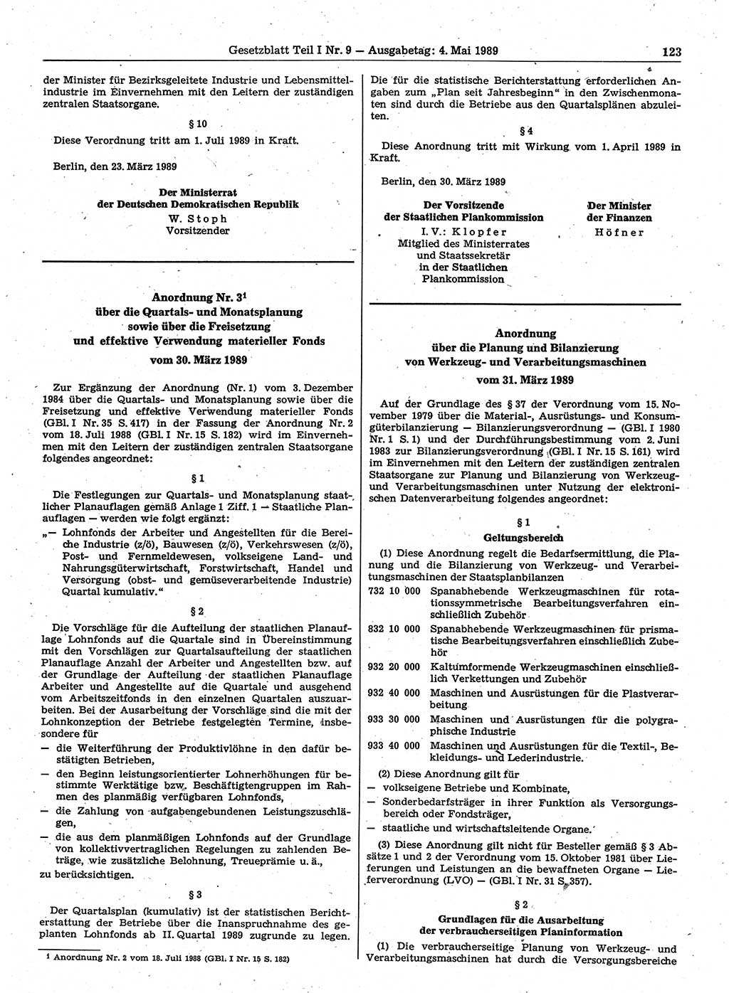 Gesetzblatt (GBl.) der Deutschen Demokratischen Republik (DDR) Teil Ⅰ 1989, Seite 123 (GBl. DDR Ⅰ 1989, S. 123)