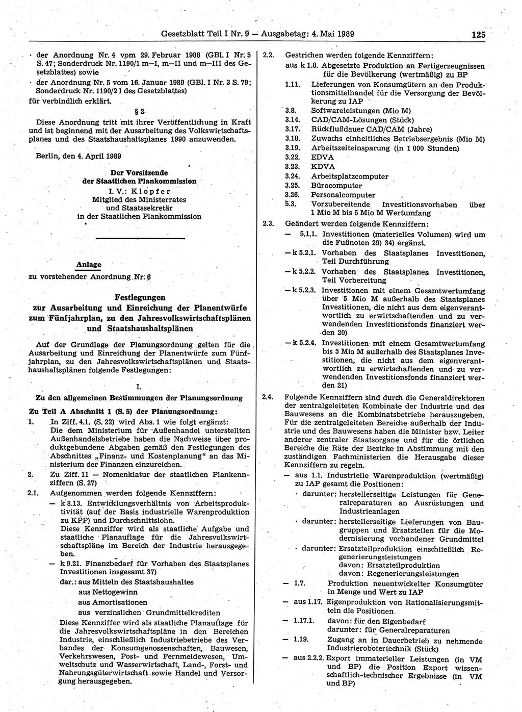 Gesetzblatt (GBl.) der Deutschen Demokratischen Republik (DDR) Teil Ⅰ 1989, Seite 125 (GBl. DDR Ⅰ 1989, S. 125)