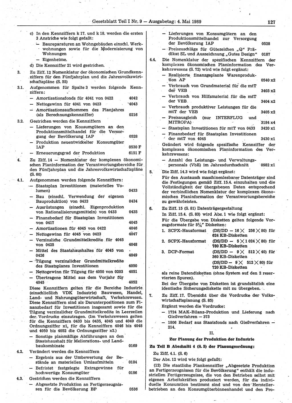 Gesetzblatt (GBl.) der Deutschen Demokratischen Republik (DDR) Teil Ⅰ 1989, Seite 127 (GBl. DDR Ⅰ 1989, S. 127)