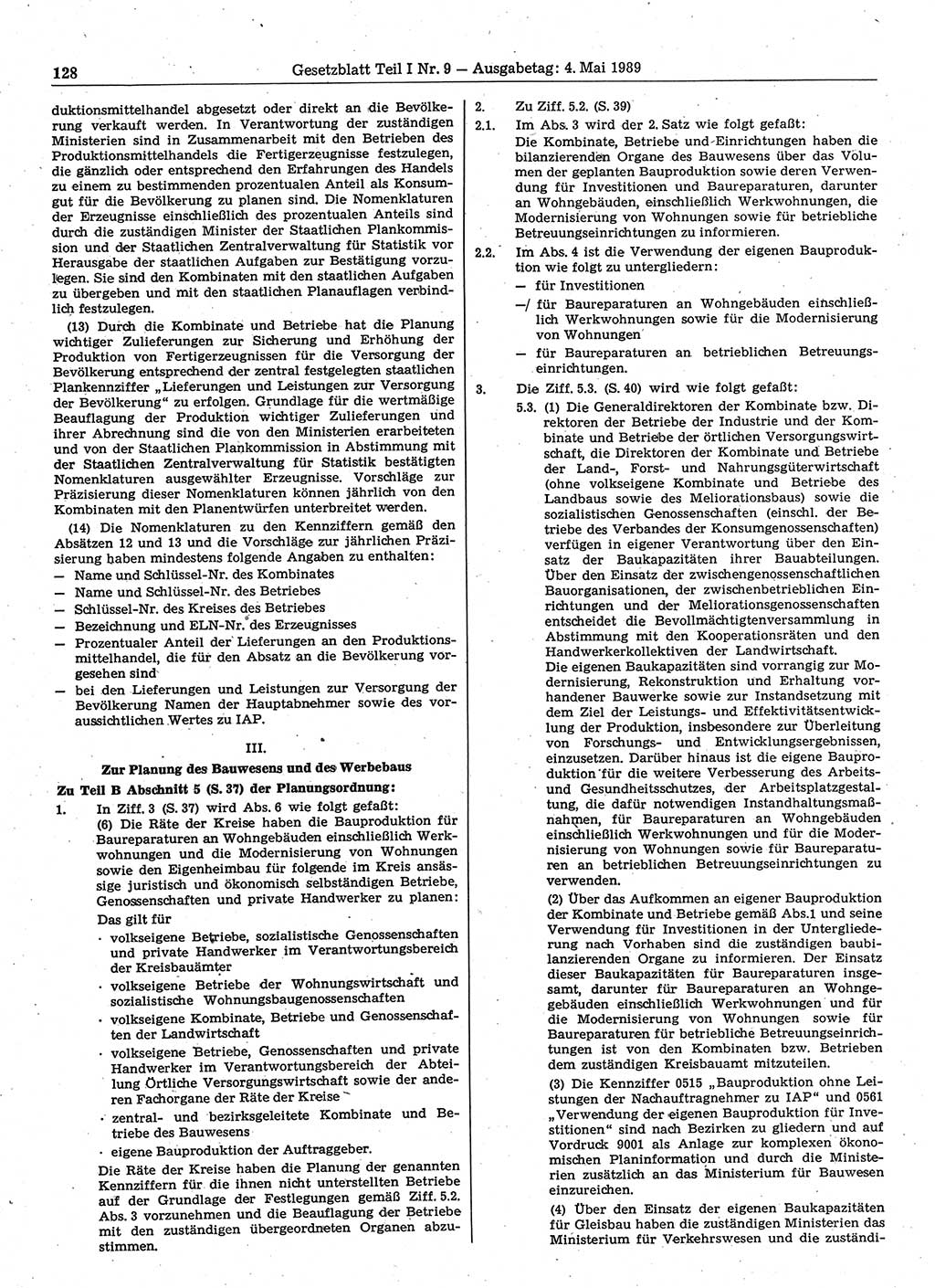 Gesetzblatt (GBl.) der Deutschen Demokratischen Republik (DDR) Teil Ⅰ 1989, Seite 128 (GBl. DDR Ⅰ 1989, S. 128)