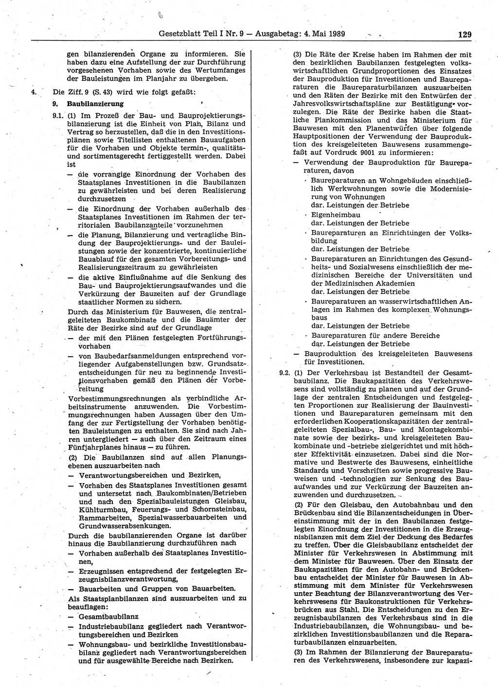 Gesetzblatt (GBl.) der Deutschen Demokratischen Republik (DDR) Teil Ⅰ 1989, Seite 129 (GBl. DDR Ⅰ 1989, S. 129)