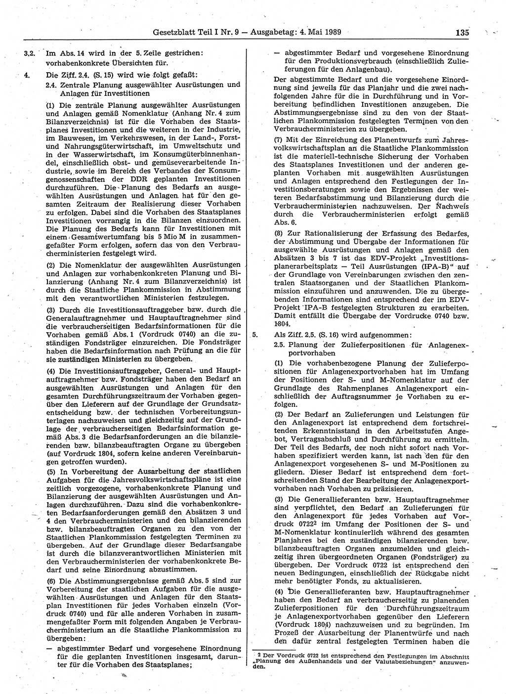 Gesetzblatt (GBl.) der Deutschen Demokratischen Republik (DDR) Teil Ⅰ 1989, Seite 135 (GBl. DDR Ⅰ 1989, S. 135)