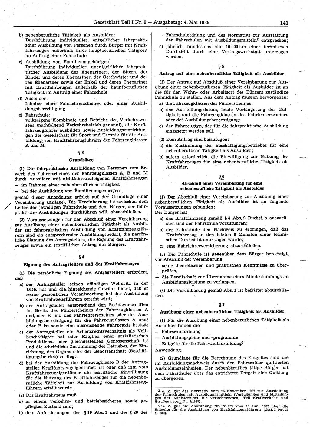 Gesetzblatt (GBl.) der Deutschen Demokratischen Republik (DDR) Teil Ⅰ 1989, Seite 141 (GBl. DDR Ⅰ 1989, S. 141)