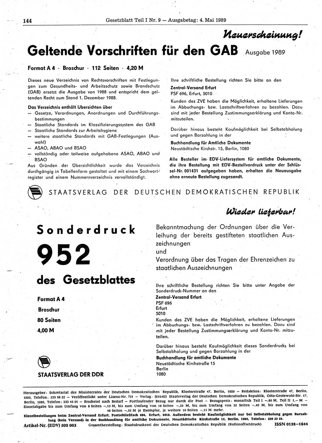 Gesetzblatt (GBl.) der Deutschen Demokratischen Republik (DDR) Teil Ⅰ 1989, Seite 144 (GBl. DDR Ⅰ 1989, S. 144)