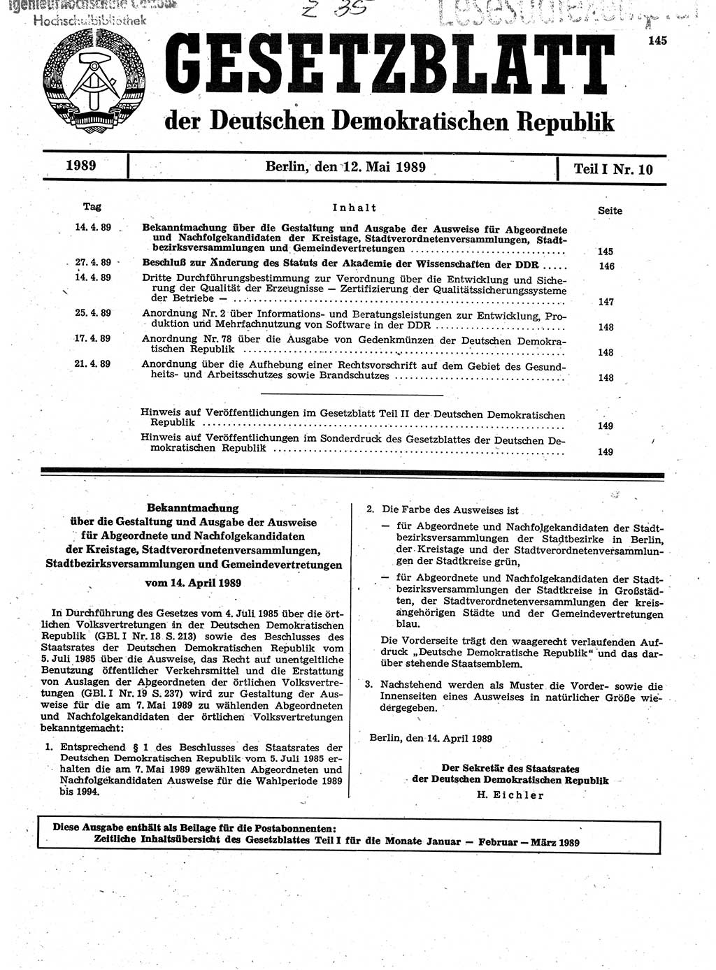 Gesetzblatt (GBl.) der Deutschen Demokratischen Republik (DDR) Teil Ⅰ 1989, Seite 145 (GBl. DDR Ⅰ 1989, S. 145)