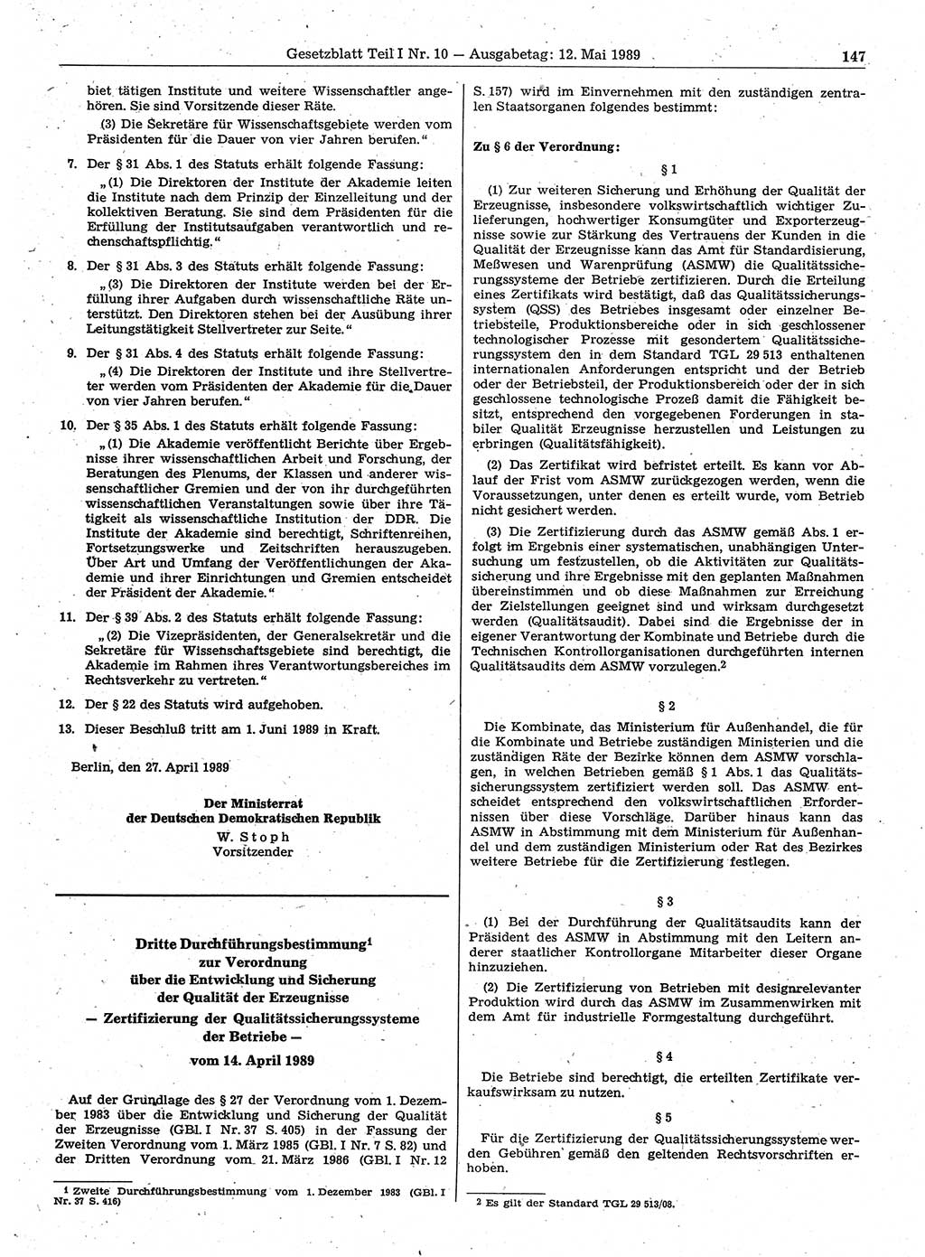 Gesetzblatt (GBl.) der Deutschen Demokratischen Republik (DDR) Teil Ⅰ 1989, Seite 147 (GBl. DDR Ⅰ 1989, S. 147)