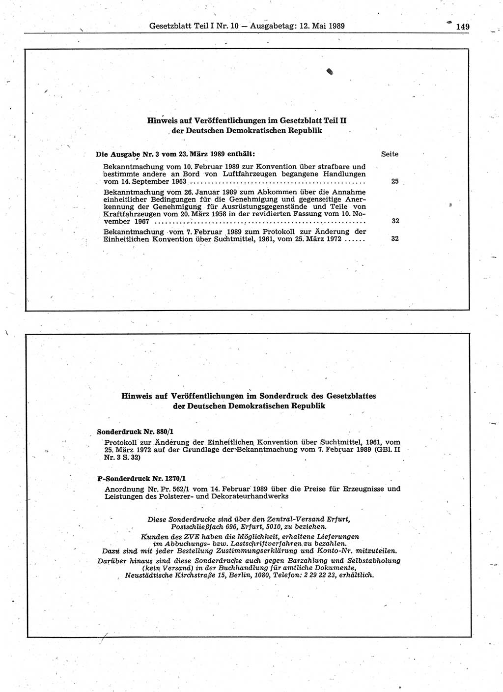 Gesetzblatt (GBl.) der Deutschen Demokratischen Republik (DDR) Teil Ⅰ 1989, Seite 149 (GBl. DDR Ⅰ 1989, S. 149)