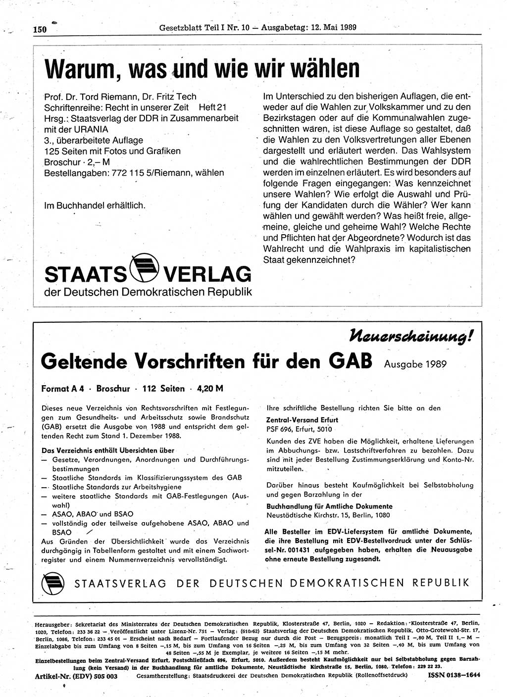 Gesetzblatt (GBl.) der Deutschen Demokratischen Republik (DDR) Teil Ⅰ 1989, Seite 150 (GBl. DDR Ⅰ 1989, S. 150)