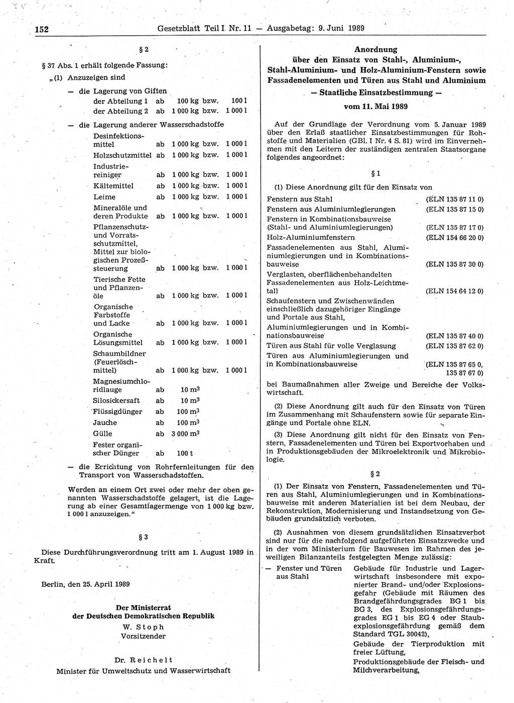 Gesetzblatt (GBl.) der Deutschen Demokratischen Republik (DDR) Teil Ⅰ 1989, Seite 152 (GBl. DDR Ⅰ 1989, S. 152)