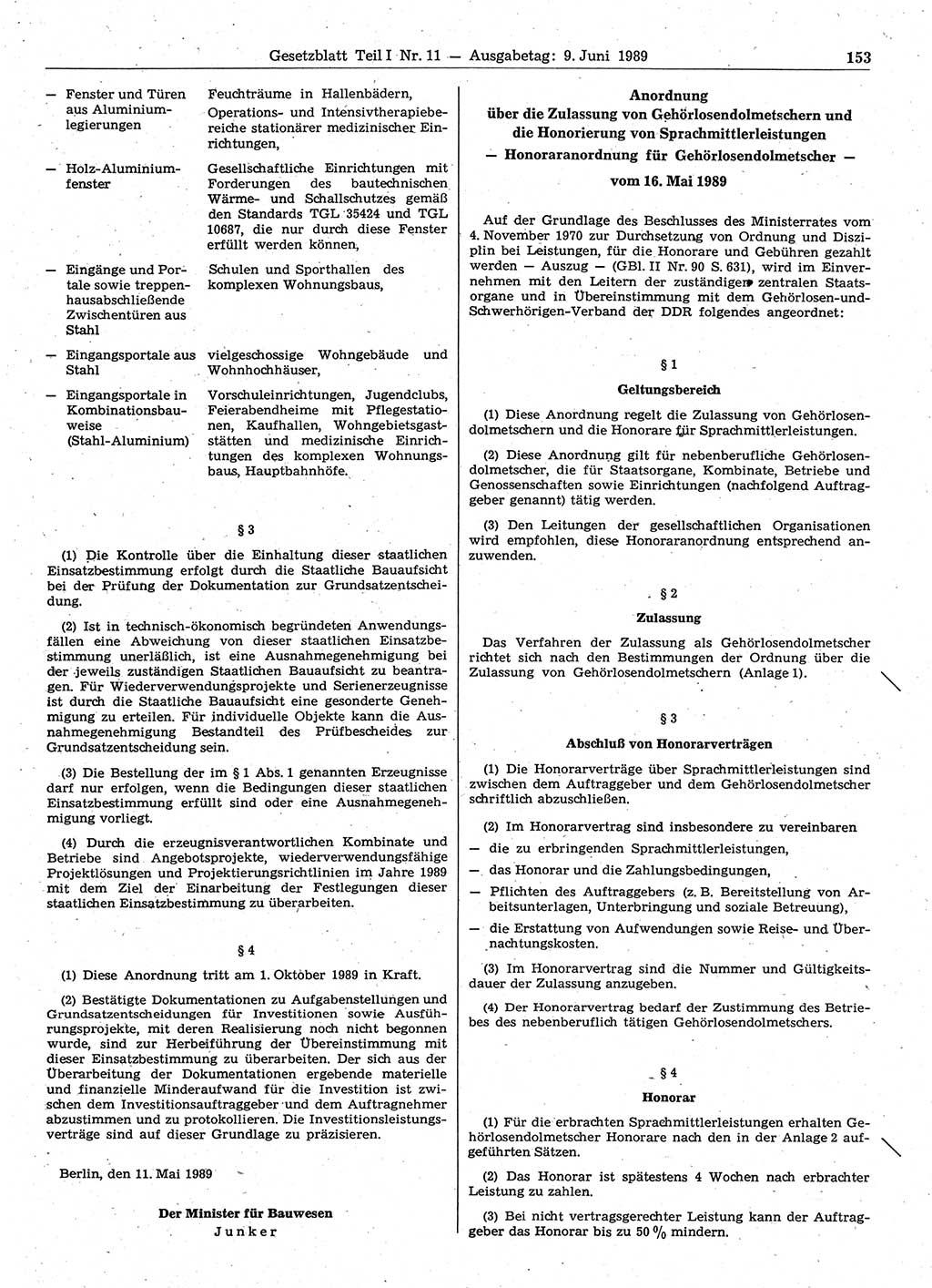Gesetzblatt (GBl.) der Deutschen Demokratischen Republik (DDR) Teil Ⅰ 1989, Seite 153 (GBl. DDR Ⅰ 1989, S. 153)