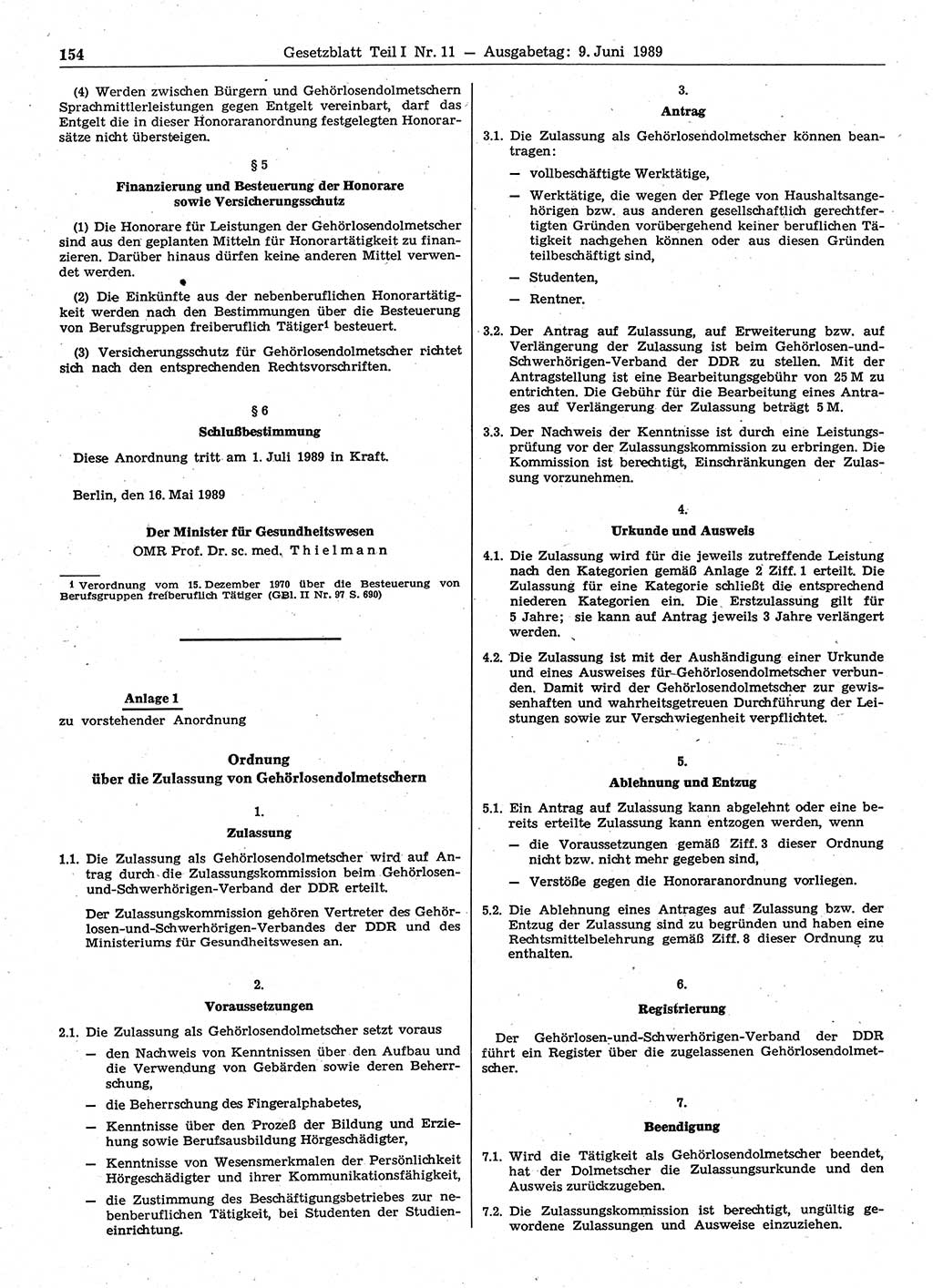 Gesetzblatt (GBl.) der Deutschen Demokratischen Republik (DDR) Teil Ⅰ 1989, Seite 154 (GBl. DDR Ⅰ 1989, S. 154)