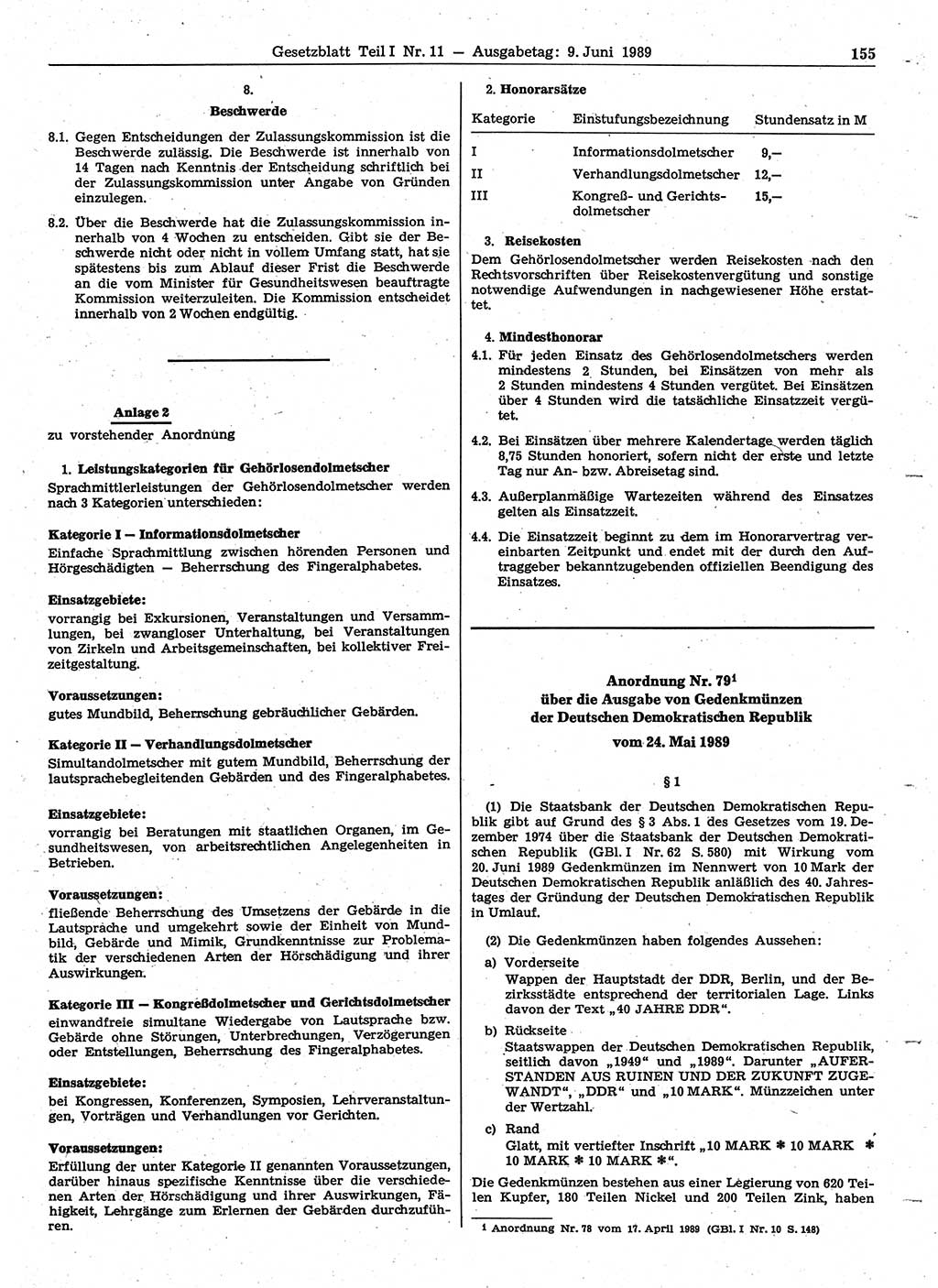 Gesetzblatt (GBl.) der Deutschen Demokratischen Republik (DDR) Teil Ⅰ 1989, Seite 155 (GBl. DDR Ⅰ 1989, S. 155)