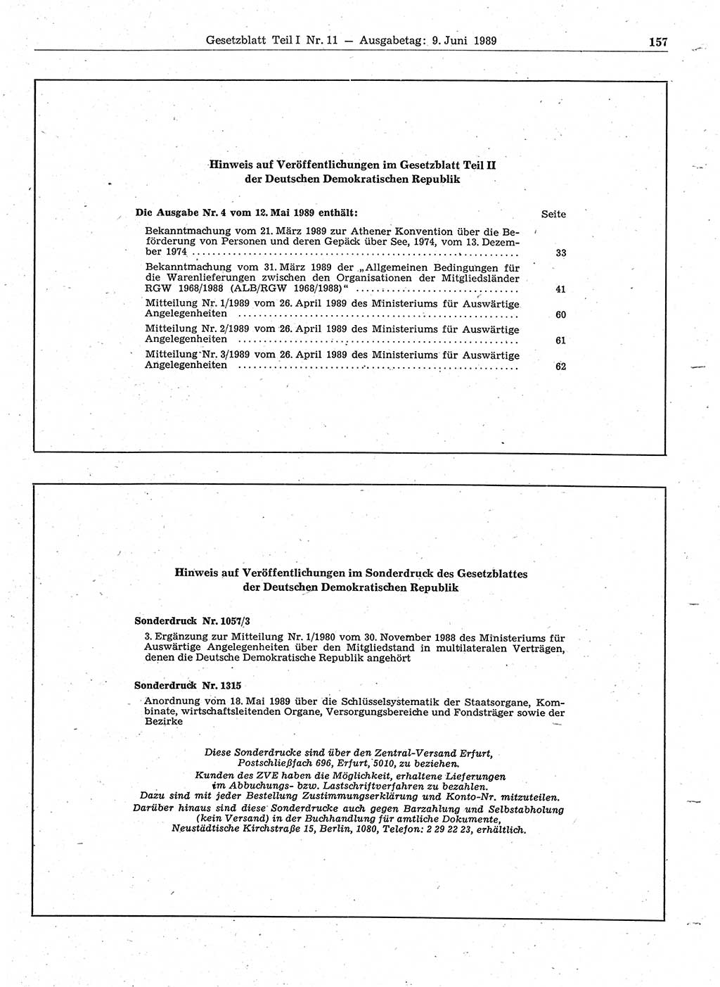 Gesetzblatt (GBl.) der Deutschen Demokratischen Republik (DDR) Teil Ⅰ 1989, Seite 157 (GBl. DDR Ⅰ 1989, S. 157)
