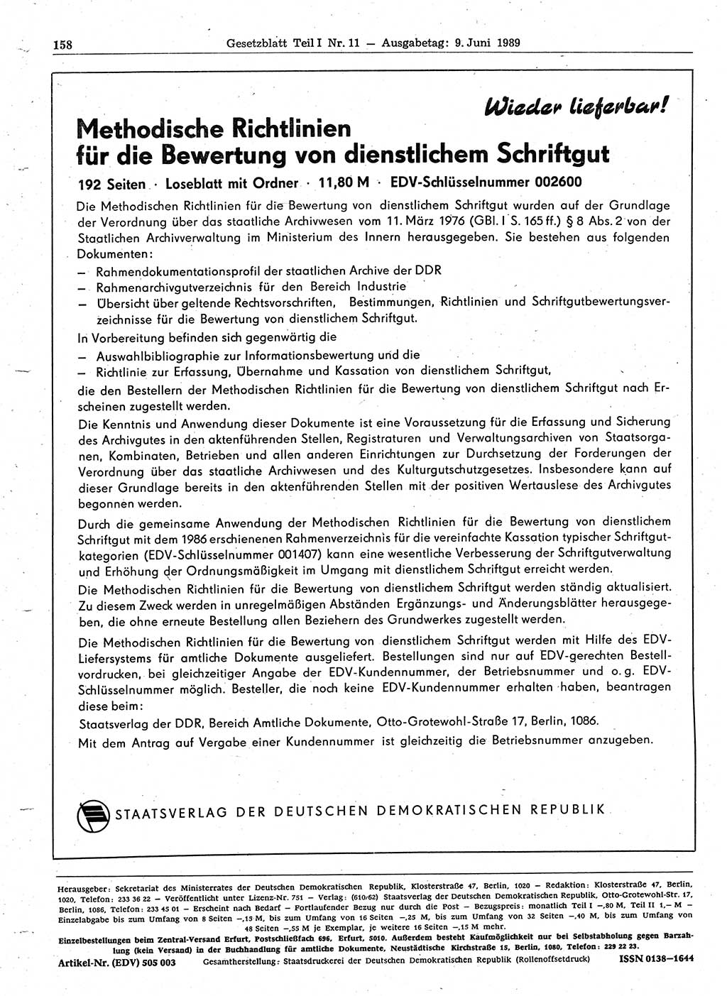 Gesetzblatt (GBl.) der Deutschen Demokratischen Republik (DDR) Teil Ⅰ 1989, Seite 158 (GBl. DDR Ⅰ 1989, S. 158)