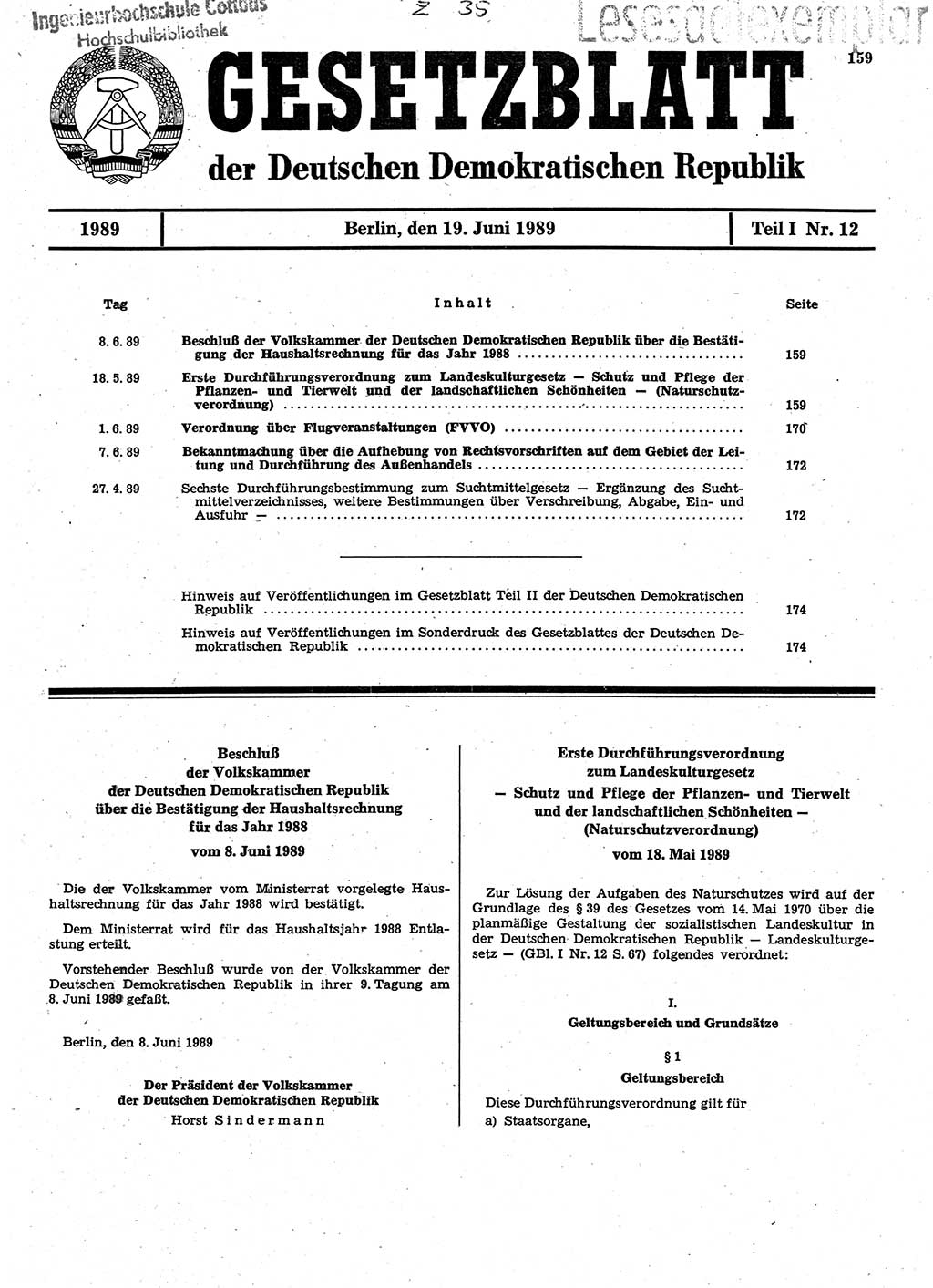Gesetzblatt (GBl.) der Deutschen Demokratischen Republik (DDR) Teil Ⅰ 1989, Seite 159 (GBl. DDR Ⅰ 1989, S. 159)
