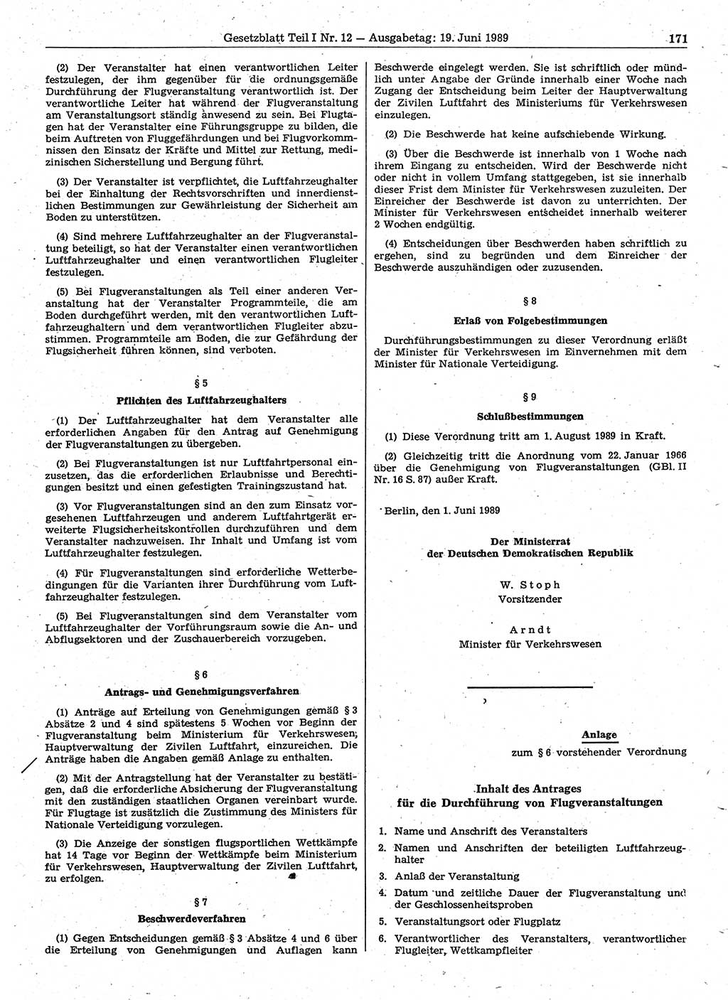Gesetzblatt (GBl.) der Deutschen Demokratischen Republik (DDR) Teil Ⅰ 1989, Seite 171 (GBl. DDR Ⅰ 1989, S. 171)