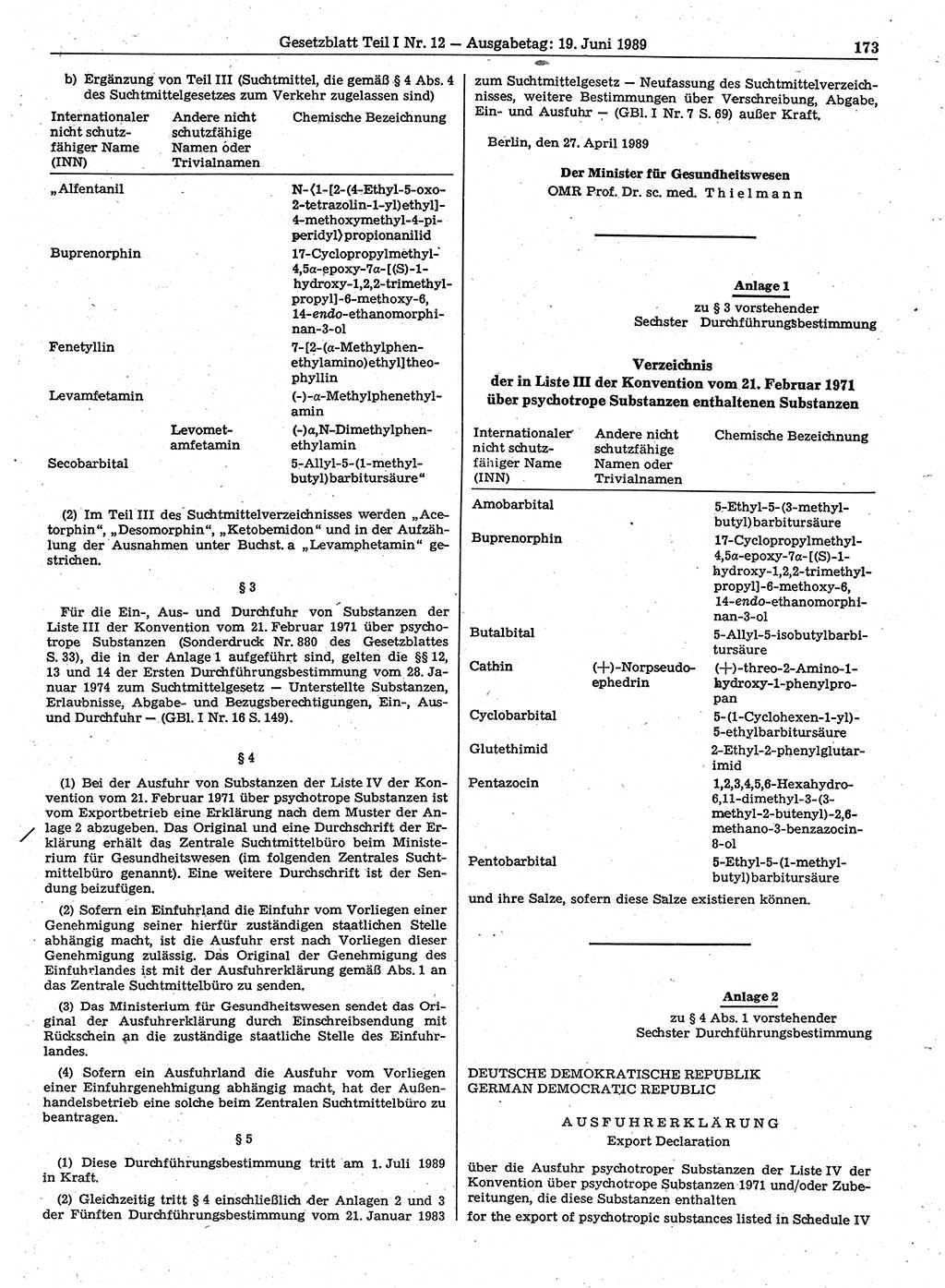 Gesetzblatt (GBl.) der Deutschen Demokratischen Republik (DDR) Teil Ⅰ 1989, Seite 173 (GBl. DDR Ⅰ 1989, S. 173)