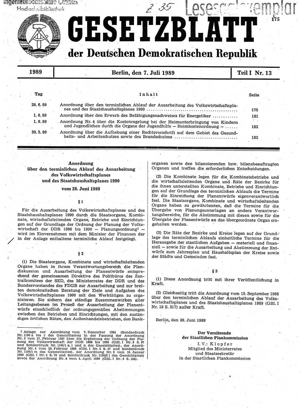 Gesetzblatt (GBl.) der Deutschen Demokratischen Republik (DDR) Teil Ⅰ 1989, Seite 175 (GBl. DDR Ⅰ 1989, S. 175)