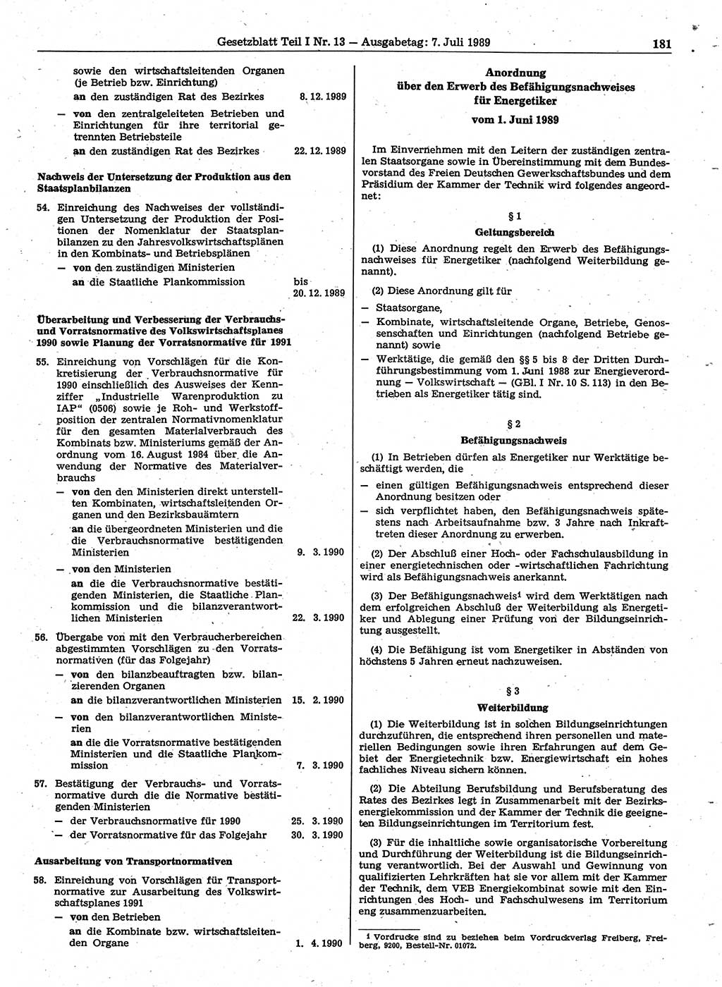 Gesetzblatt (GBl.) der Deutschen Demokratischen Republik (DDR) Teil Ⅰ 1989, Seite 181 (GBl. DDR Ⅰ 1989, S. 181)